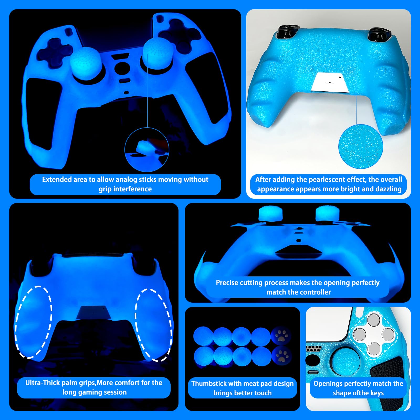 Glow in The Dark PS5 Controller Skin, Glitter Blau Anti-Slip Soft Thicked Spiked Silicone Cover Skins Kompatibel mit PS5 Controller, inklusive 8 PCS Glitter Glow Thumb Grips und 2 Grips Caps.