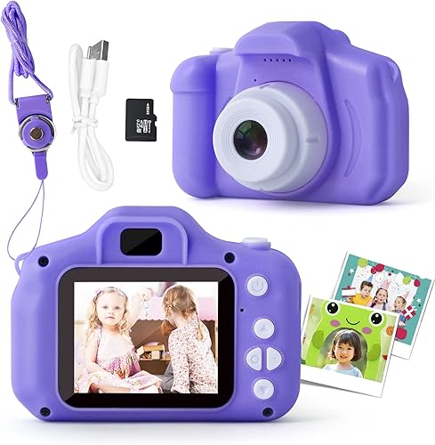 Miniatura 1 de NINE CUBE - Cámara digital para niños, cámara de video IPS de 2.0 pulgadas para niños de 3 a 7 años, cámara de juguetes morados con SD de 32 GB para