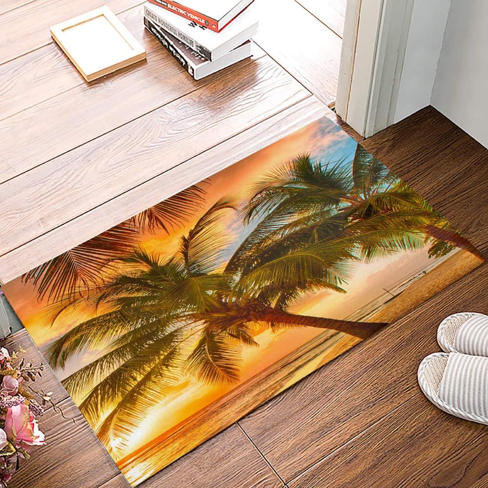 Alago Tropical Beach Palm Trees Sunrise Doormats Entrance Front Door Rug Outdoors/Indoor/Bathroom/Kitchen/Bedroom/Entryway Floor Mats，Non-Slip Rubber,Low-Profile