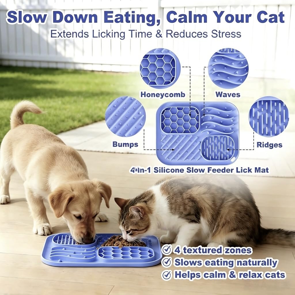 AZY Set di 3 mangiatoie lente per gatti, mangiatoia per coda di gatto in silicone, tappetino per leccare e cucchiaio per cibo per gatti, strumenti per l'alimentazione umida, ciotola per