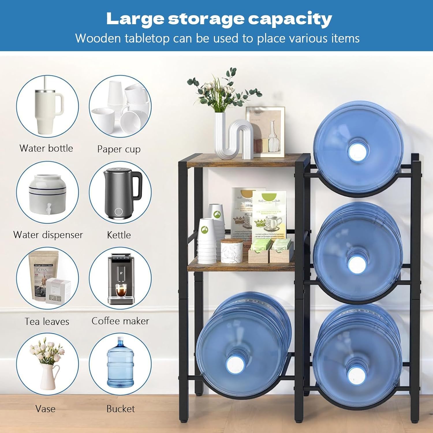 3-Tier Water Bottle Holder with Wood Top Shelf, 5 Gallon Water Jug Stand, Water Dispenser Rack for Kitchen Living Room Office