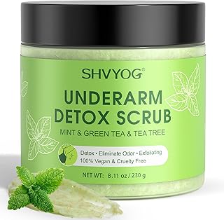 Underarm Detox Scrub, Armpit Detox Green Tea, Mint and Tea Tree Body Deodorant, Natural Dark Armpit Remover for Odors Eliminating and Exfoliating, also for Whole Body & Sensitive Skin, Unisex 8.11 Oz