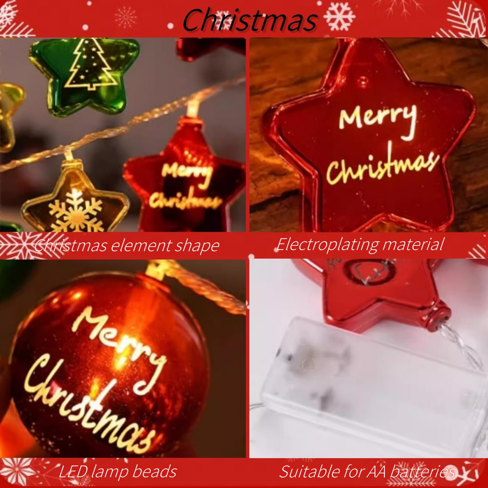 Guirnalda de luces de estrella de 19 pies, 40 luces LED, decoración de árbol de Navidad, luces de hadas con pilas/USB, impermeables, para interiores y exteriores, luces de Navidad parpadeantes