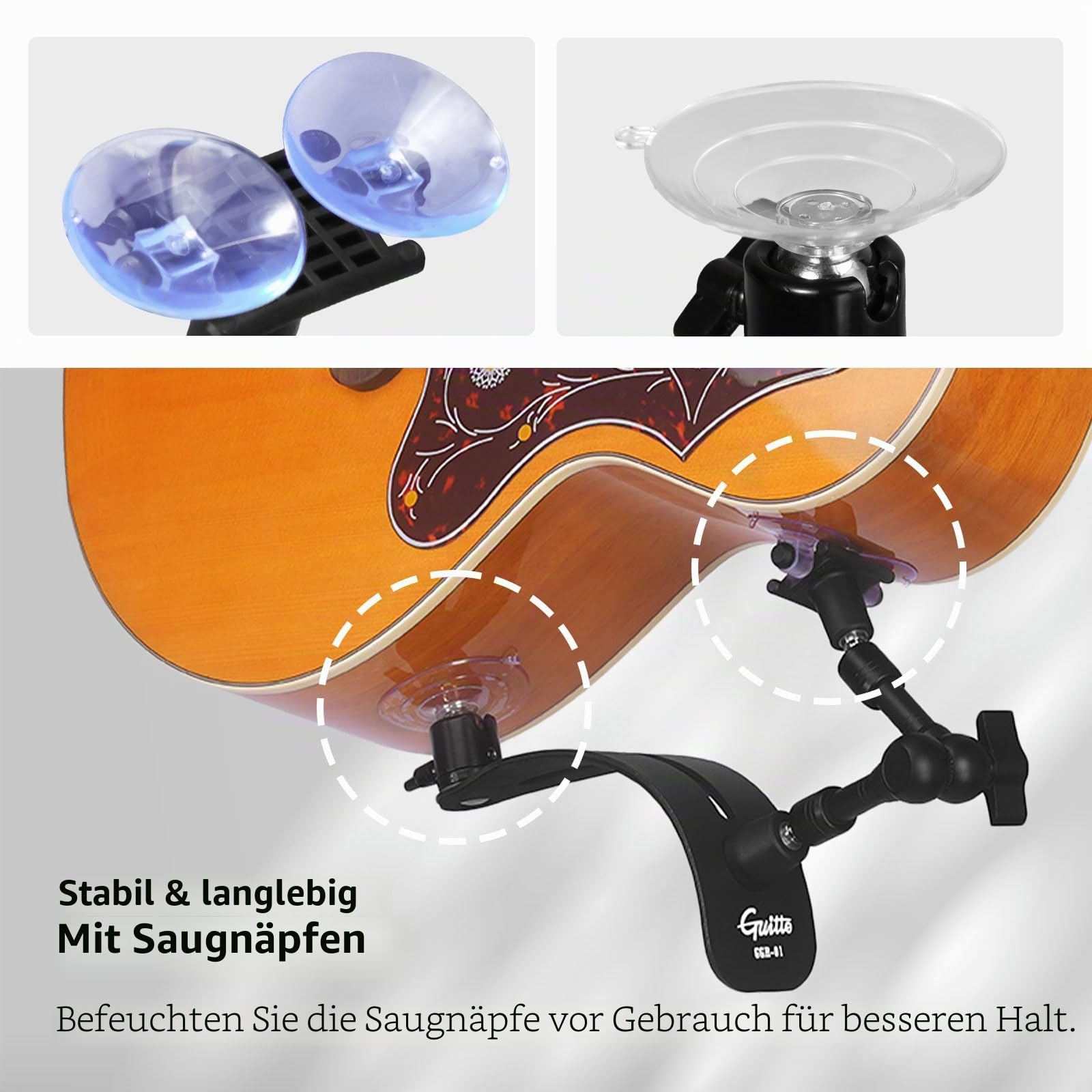 GUITTO Gitarrenstütze - Verstellbarer Gitarrenständer mit Saugnäpfen & Kugelgelenk - Klassische Gitarren-Fußstütze - Ergonomisches Zubehör für Lackierte Akustikgitarren & Ukulelen (GGR-01)