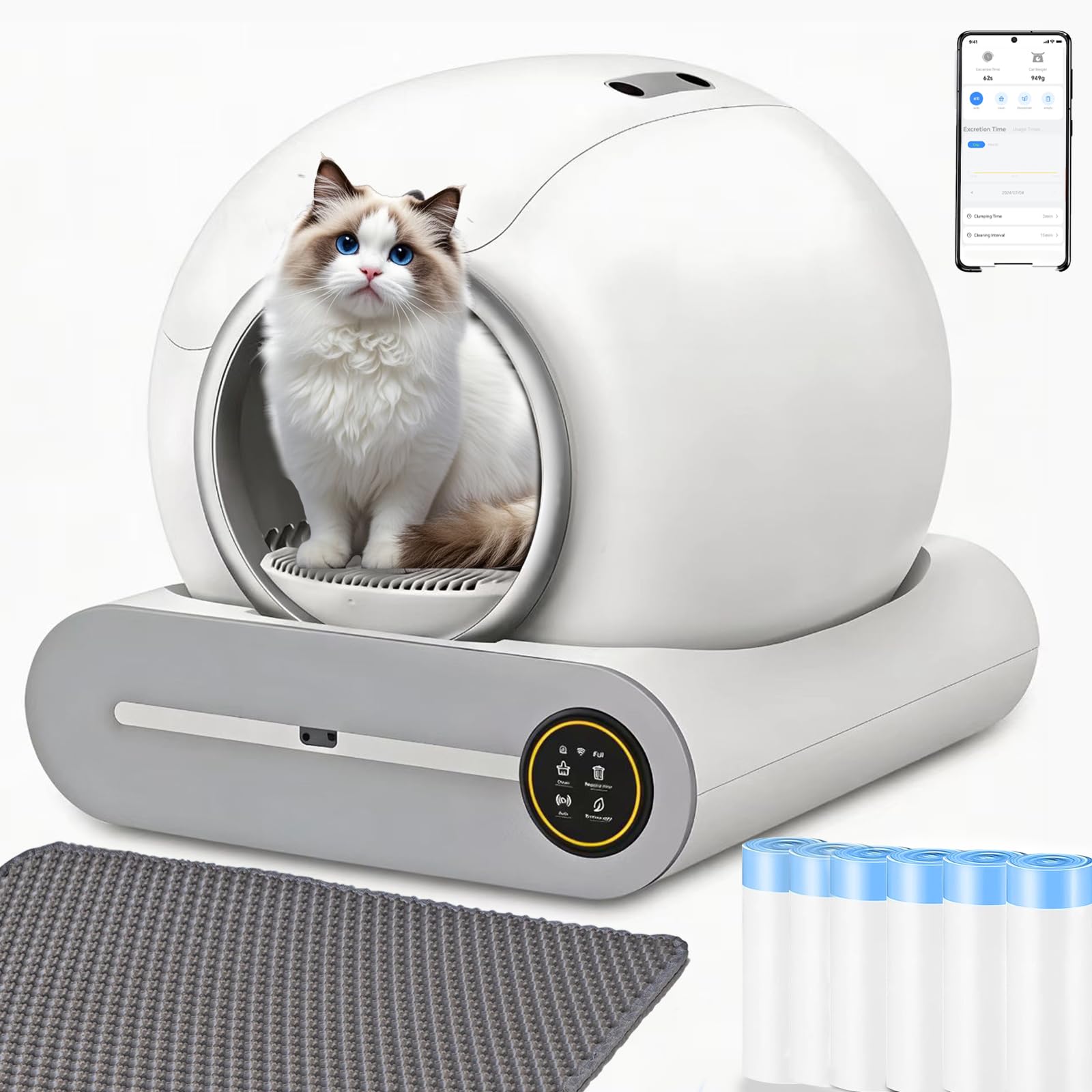 Arenero Automatico 74L Cat Litter Box Automatic con Sistema Seguridad Avanzado, Desodorizante, Controlado por Aplicación con Alfombra Arenero Gato 6 Rollos Bolsas Basura para Varios Gatos(Blanco 1)
