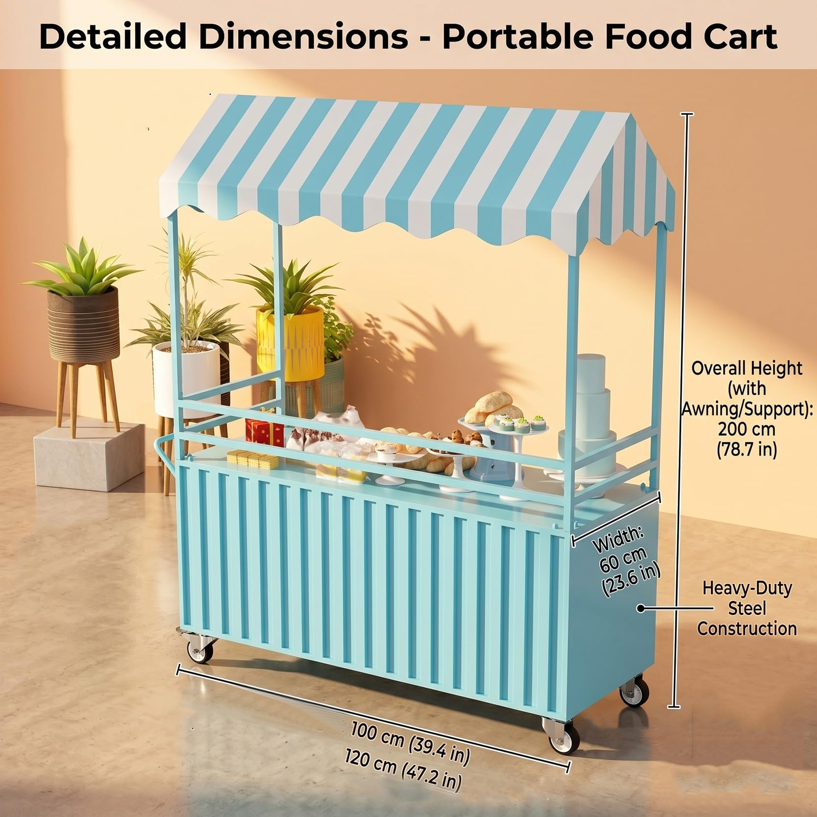Carro de Venta Ambulante con toldo a Rayas, Expositor de Alimentos portátil con Ruedas con Freno, Carro Comercial para mercados y Eventos(Blauw,100cm/39.3in)