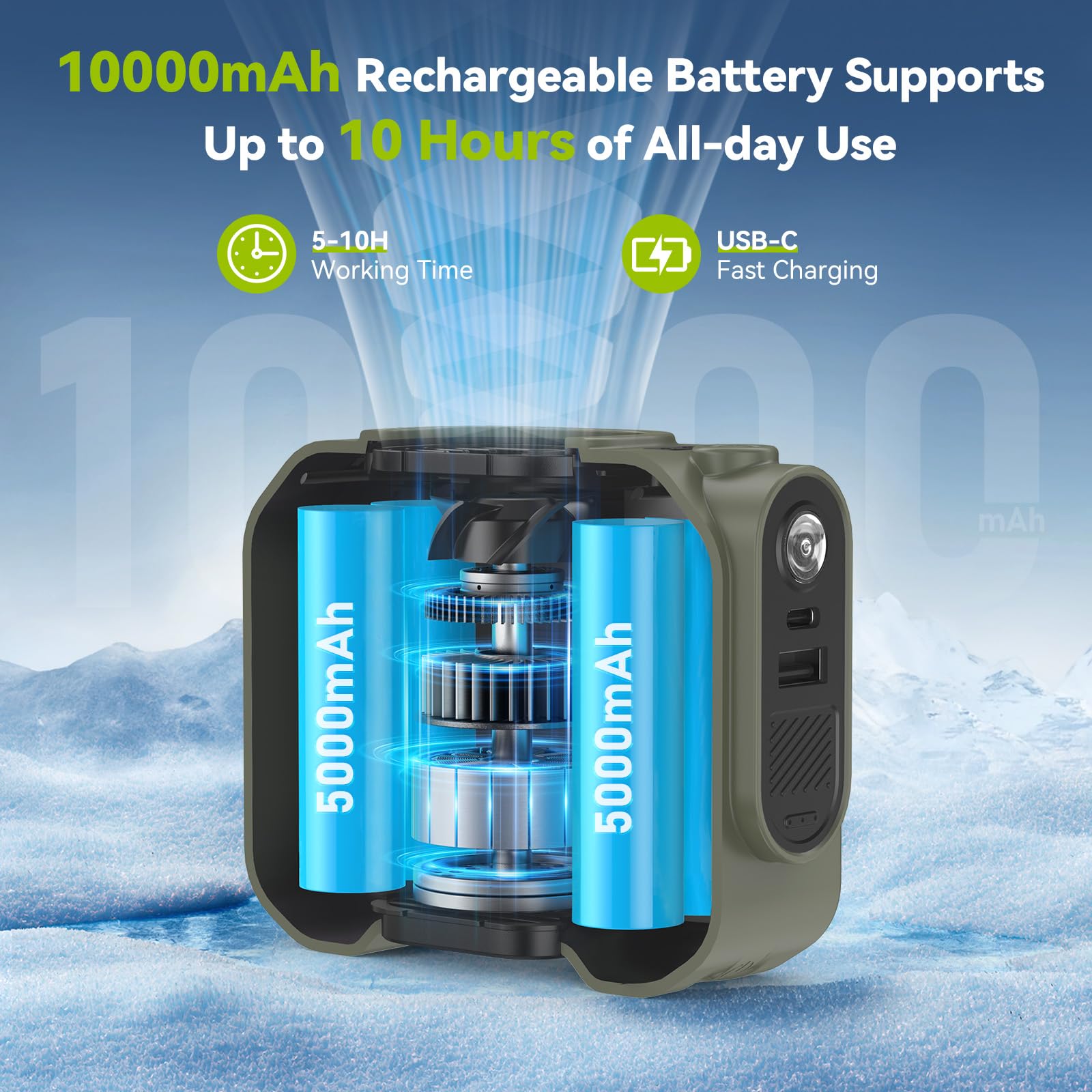 Rintea Ventilateur portable avec clip en vie, 10000 mAh, ventilateur USB, 3 vitesses, mini ventilateur portable avec éclairage, pour bouffées de chaleur, voyage en plein air, camping, vert