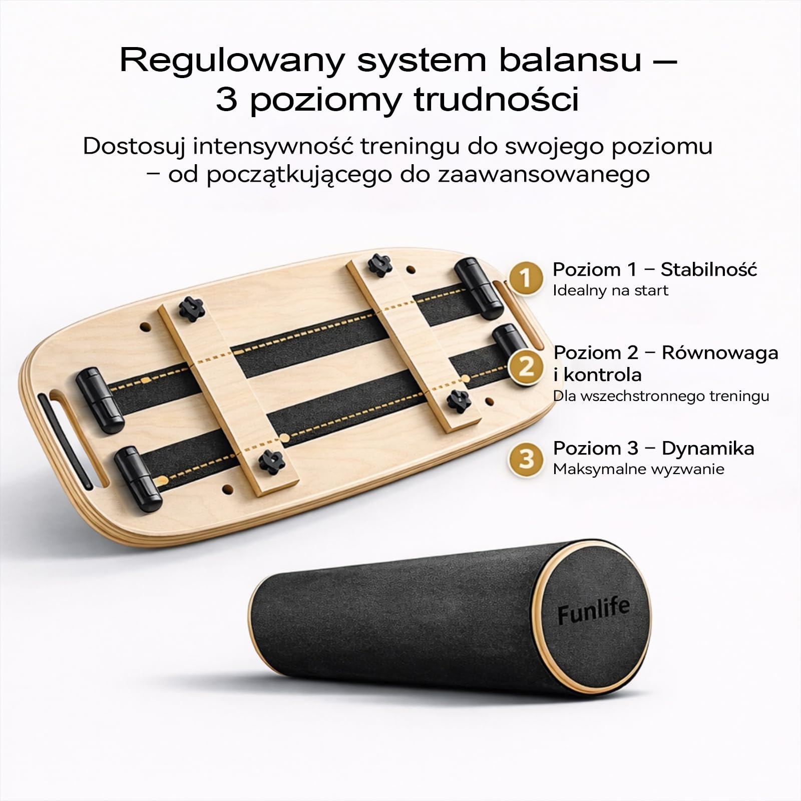 FunLife Deska do balansowania z drewna – stabilny trener równowagi do treningu podstawowego, fitnessu i równowagi, antypoślizgowa i trwała
