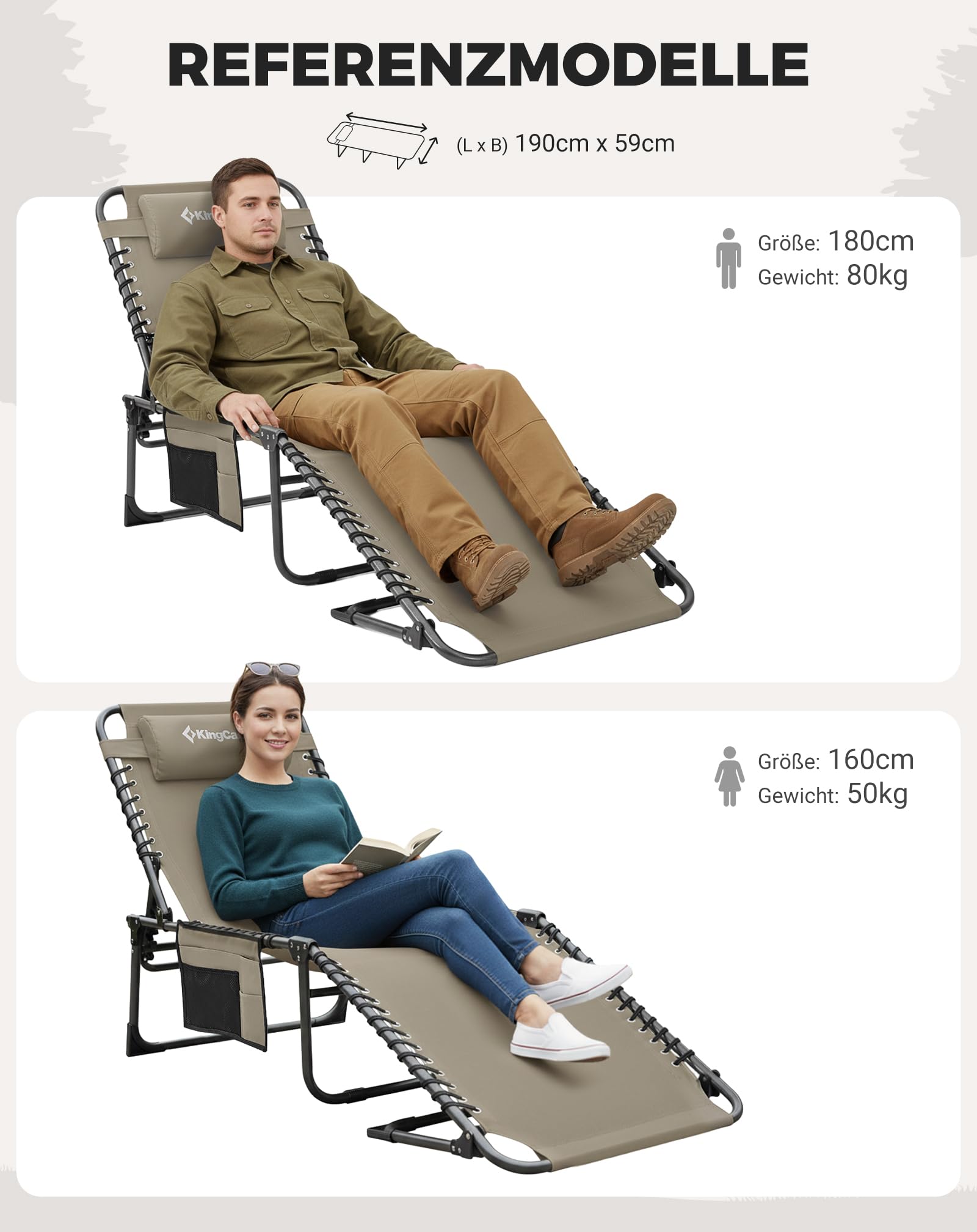 KingCamp Sonnenliege Klappbar 5-Verstellbarer Rückenlehne Gartenliege klappbar Liegestuhl Strandliege Campingliege Klappbett mit Kopfkissen für Strand Garten Terrasse Pool Camping Outdoor Indoor