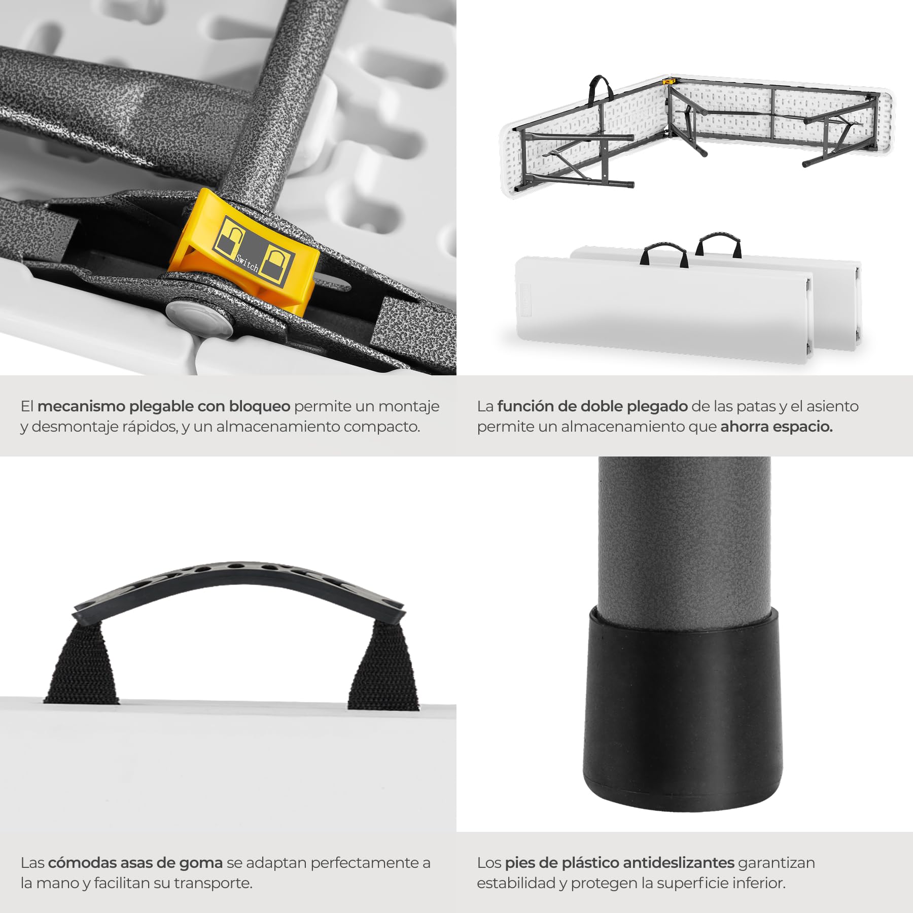 tectake® Set de 2 Banco Plegable Camping 180 cm, Banco Jardin Exterior Cap. Carga: 500kg, Terraza, Mobiliario Jardin y Terraza Exterior, Camping Accesorios, Banqueta, Patio, Bancos - Blanco