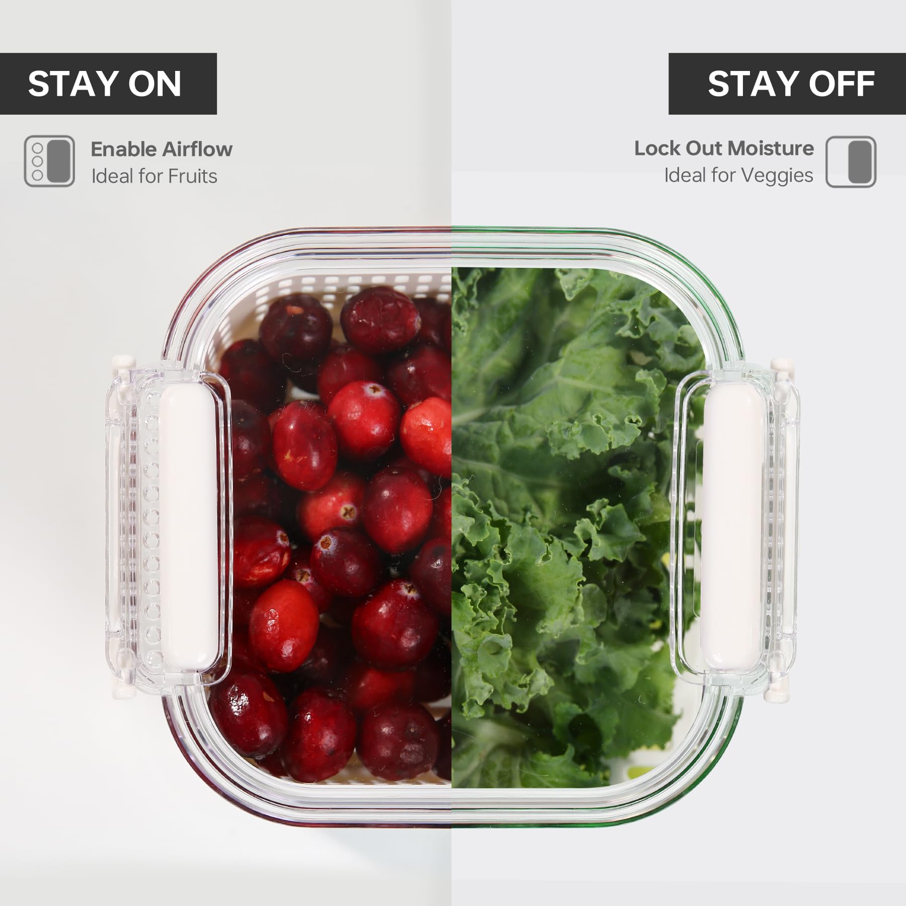Felli Duo Fresh - Contenedor de frutas y verduras con ventilación y drenaje en la parte inferior para lavado, colador colador para refrigerador, recipiente de lechuga y bayas