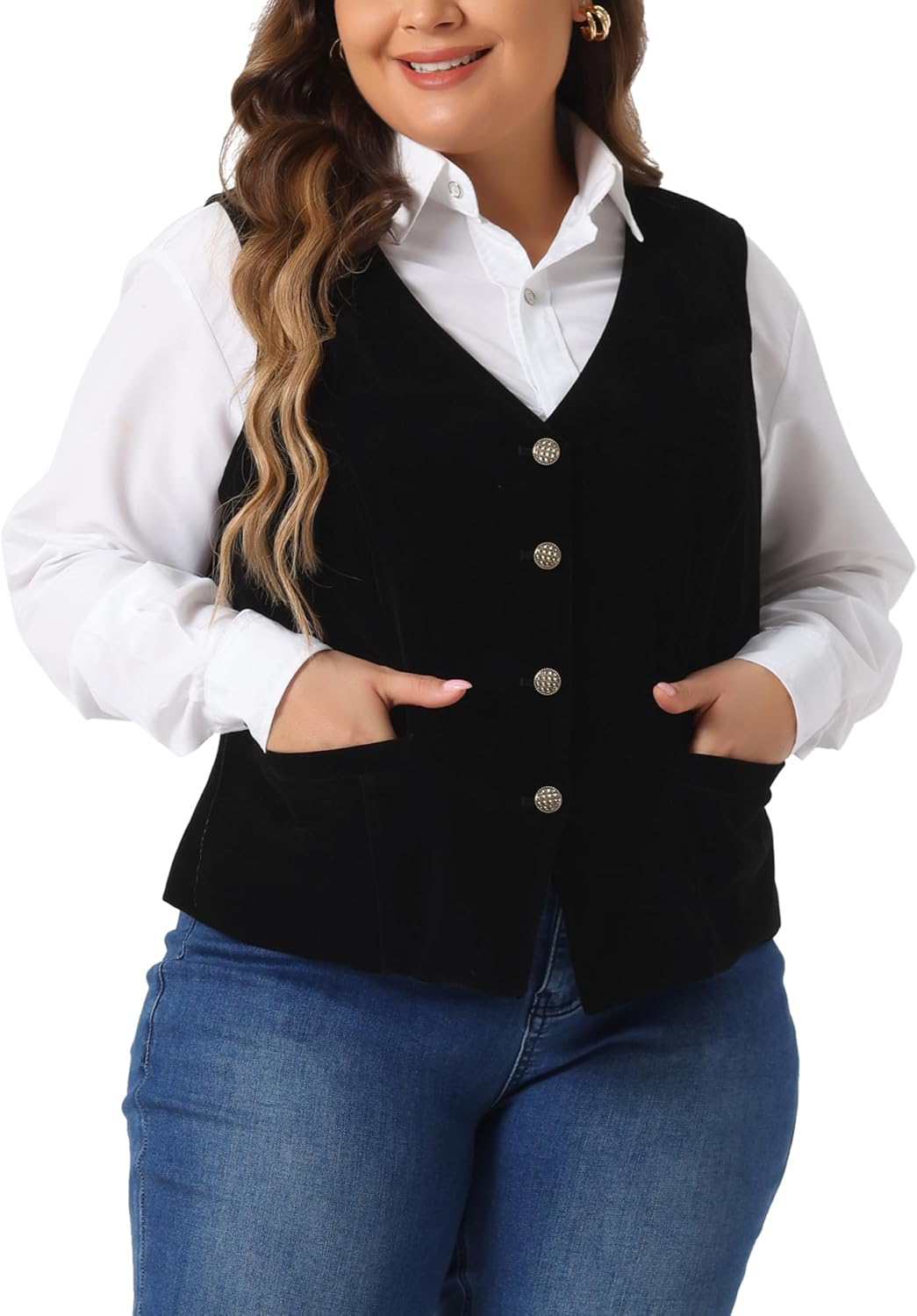Agnes Orinda Plus Size Vests for Women Waistcoat Steampunk Velvet Sleeveless Button Down V Neck Suit Vests - Image 2