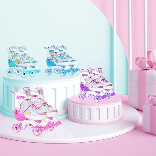 Miniatura 7 de Nattork - Patines de ruedas para niñas pequeñas, 4 tamaños ajustables de arco iris con ruedas iluminadas, el mejor regalo para niños principiantes