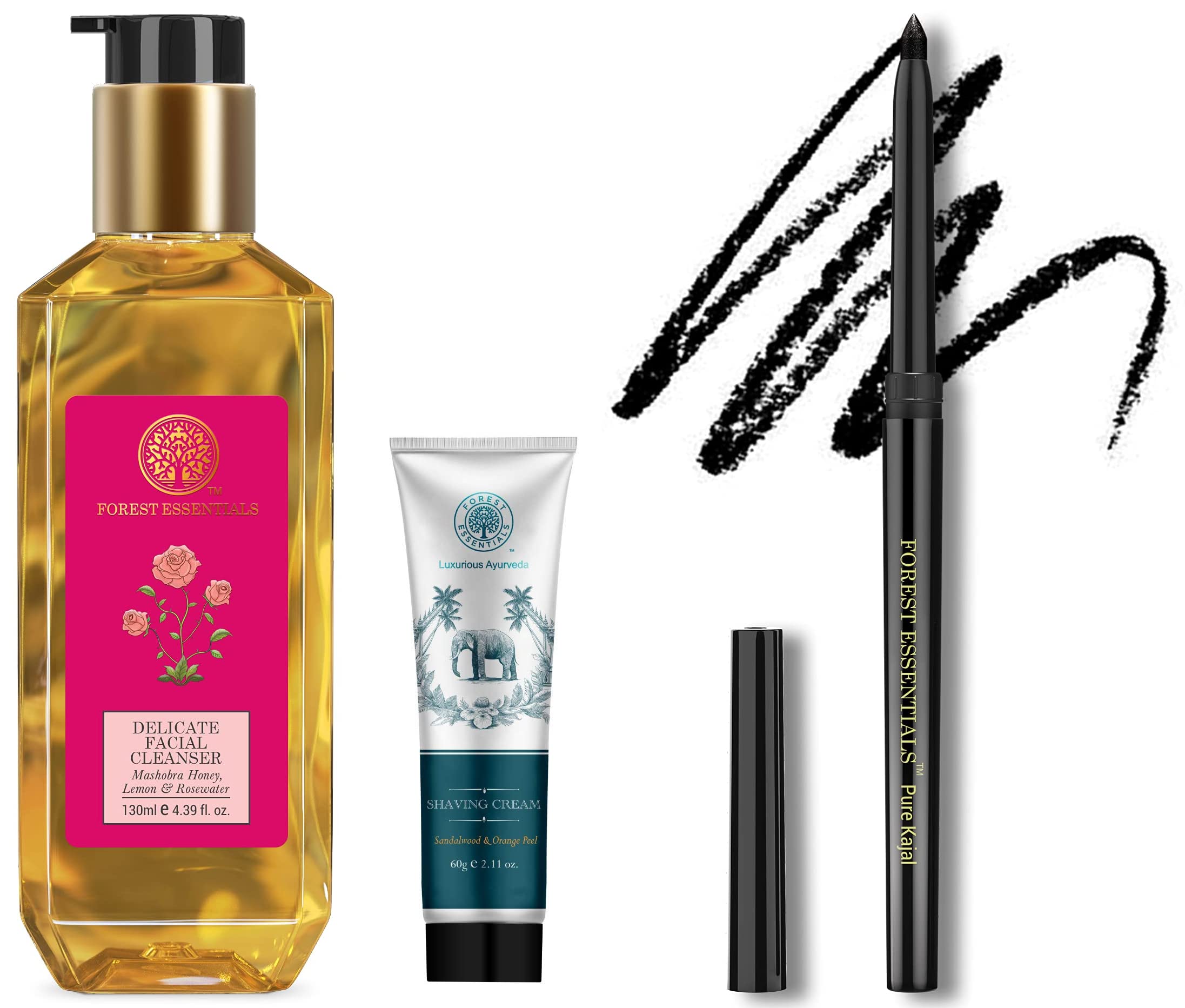 Forest Essentials Delicate Facial Cleanser Mashobra Honey, Lemon & Rose Water 130 ml (Face Wash) & Charcoal Black Gulaab Khaas Kajal 0.3g & Shaving Cream Sandalwood & Orange Peel 60g-image-21