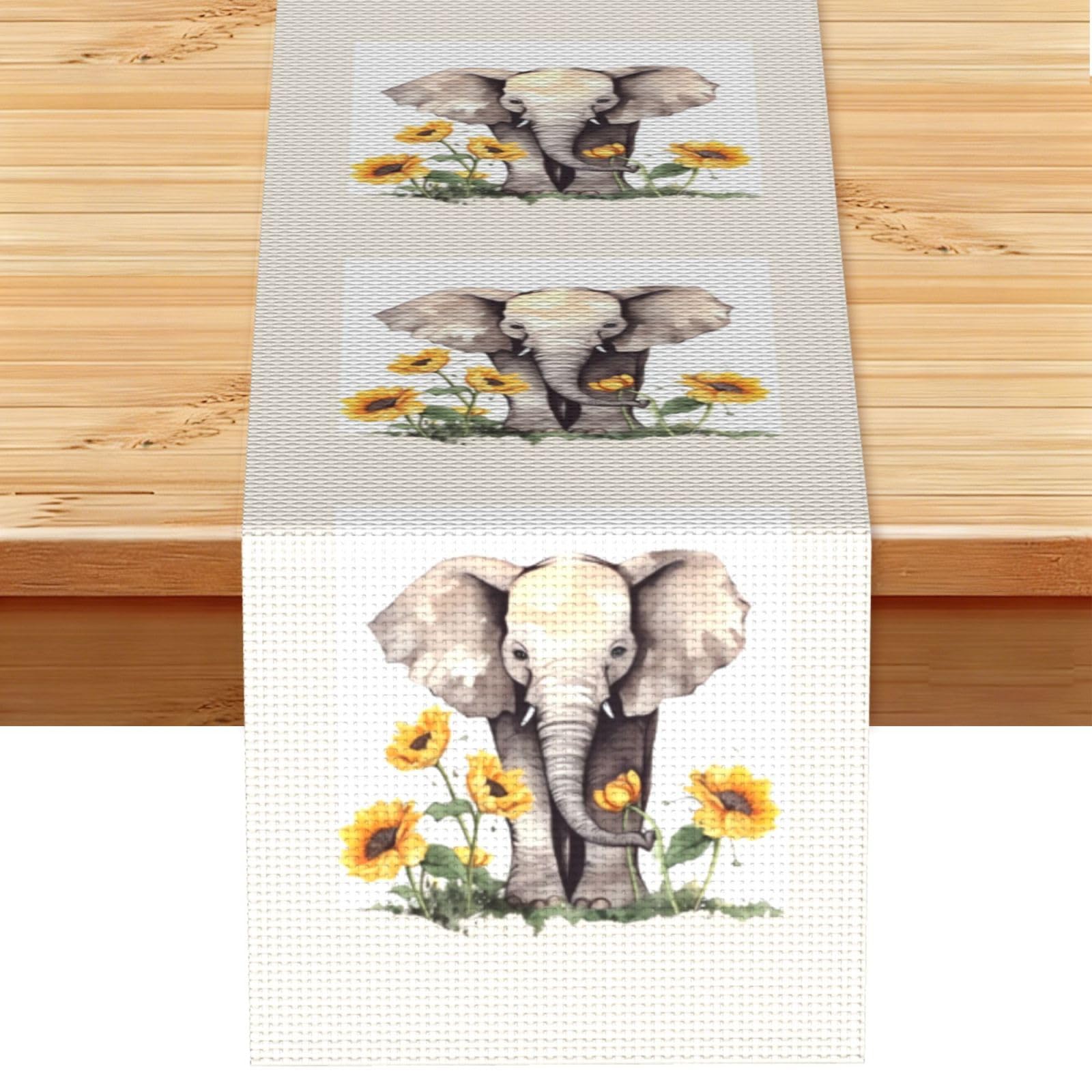 Fodpand Black Rustic Cotton Linen Table Runner, Elephant And Sunflower Table Runners 13 X 72 Inches, Modern Elegant Farmhouse Tablecloth, Washable Kitchen Dining Table Decoration For Home Party Decor