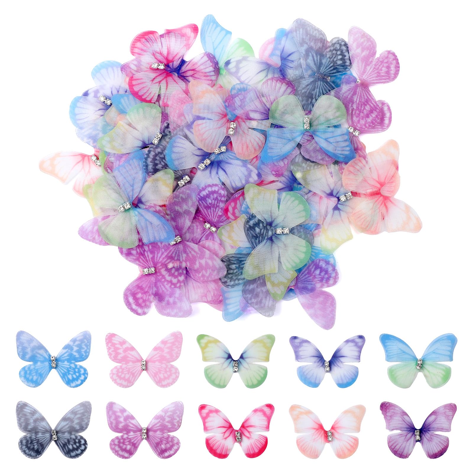 Heclia 80Pcs Beautiful Mini Butterflies for Crafts Double Layered 3D Rhinestone Wing Decor Organza Butterfly Set Colorful Butterfly Decoration for DIY Wedding Party Supply Clothes Ornament Home Decor