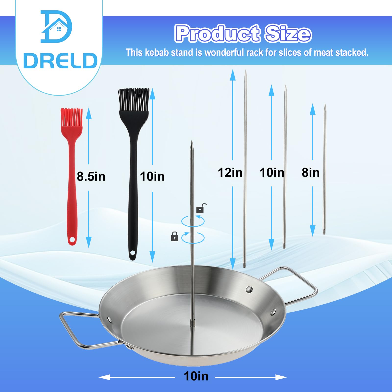 DRELD Pionowy szaszłyk, 3 rozmiary, odpinamy rożen, grill, rożen mięsny, stal nierdzewna, rondel z dużą tacką do odsączania dla brojlera, średniego kurczaka, steku, kebaba, shawarmy, kebaba, gyrosa