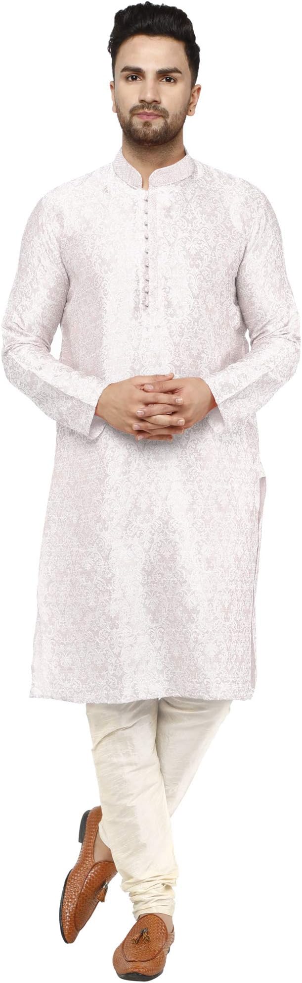 SKAVIJMen's Jacquard Silk Embroidered Kurta Pyjama Set Paisley Thread Work Festive Party Dress