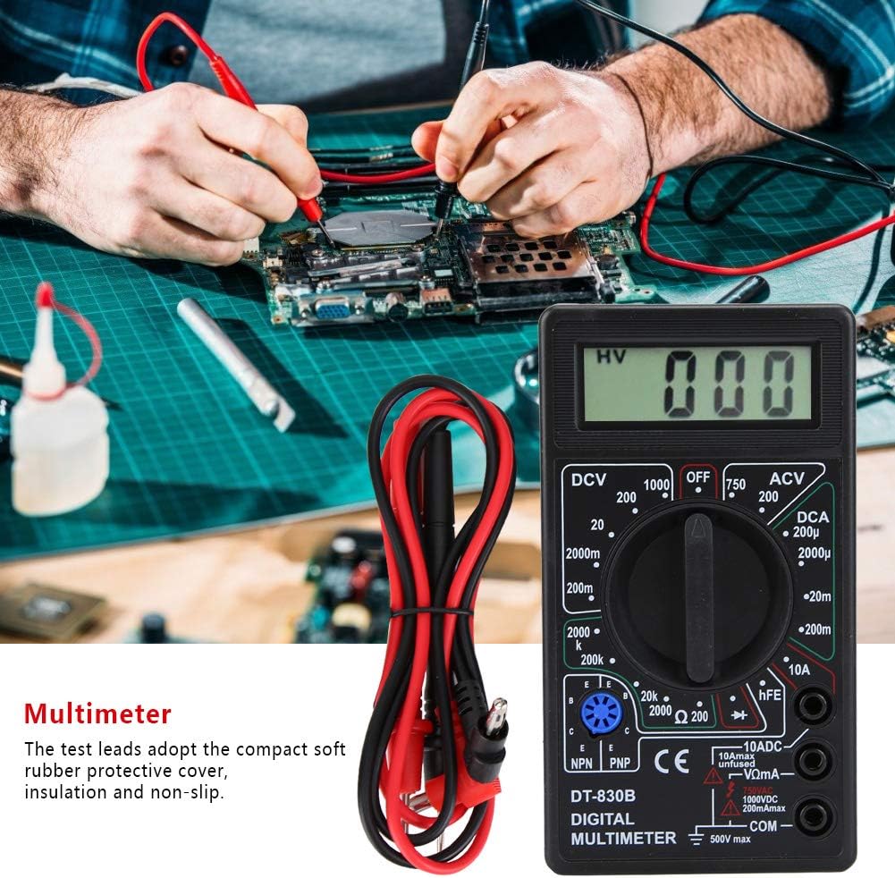 Person using DT-830B Multimeter to test a circuit board