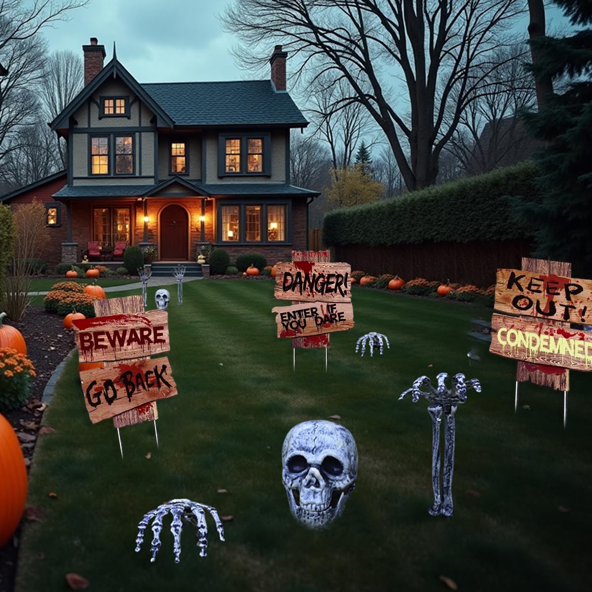 Fałszywa czaszka i zestaw rąk, znak niebezpieczeństwa Halloween, Halloween dekoracja szkieletu 6 sztuk do dekoracji na Halloween dekoracje ogrodowe dekoracje cmentarskie
