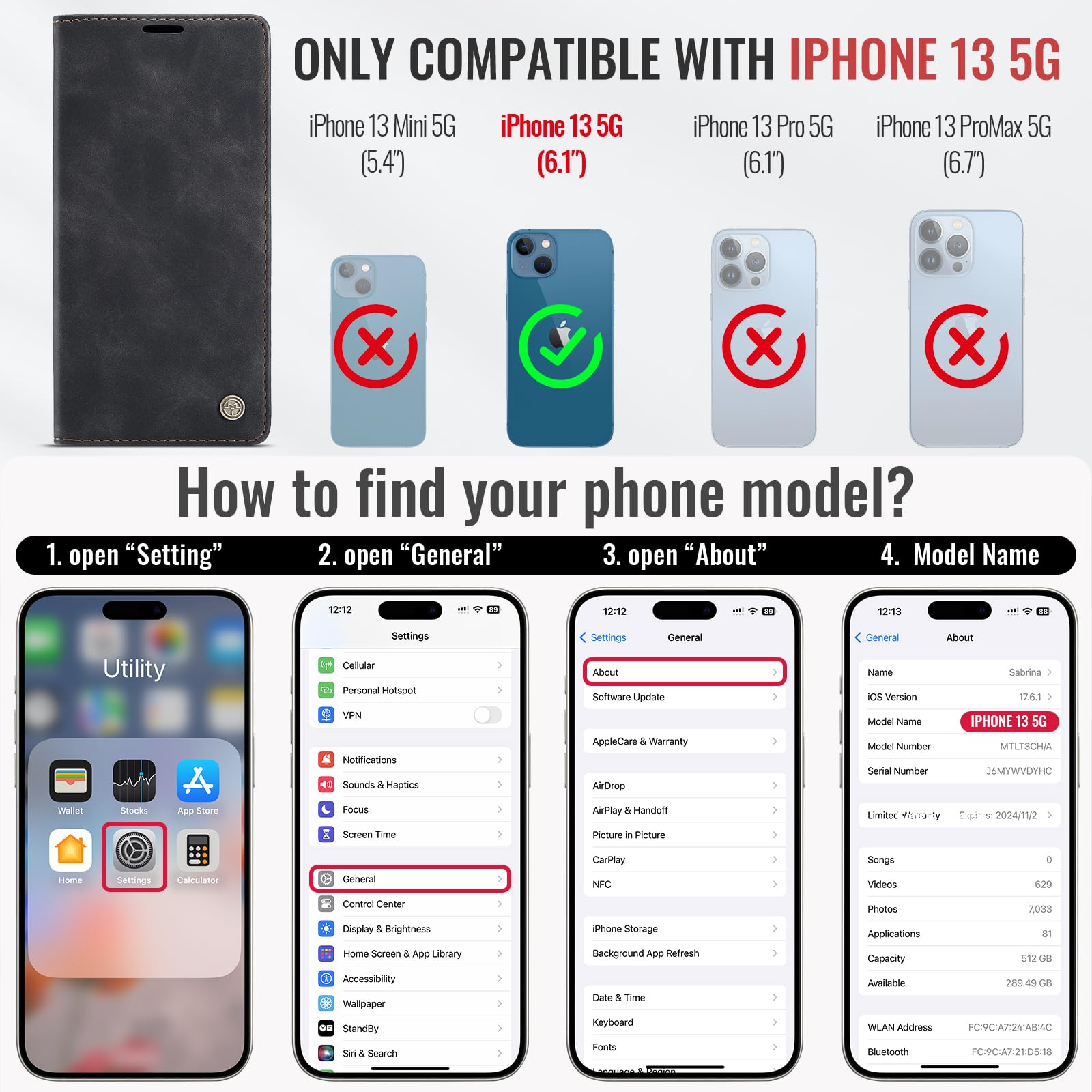 Samokor Cover per iPhone 13 5G Pelle Flip Custodia Cavalletto Portafoglio Magnetica Carta Fessura Antiurto per iPhone 13 5G,Nero