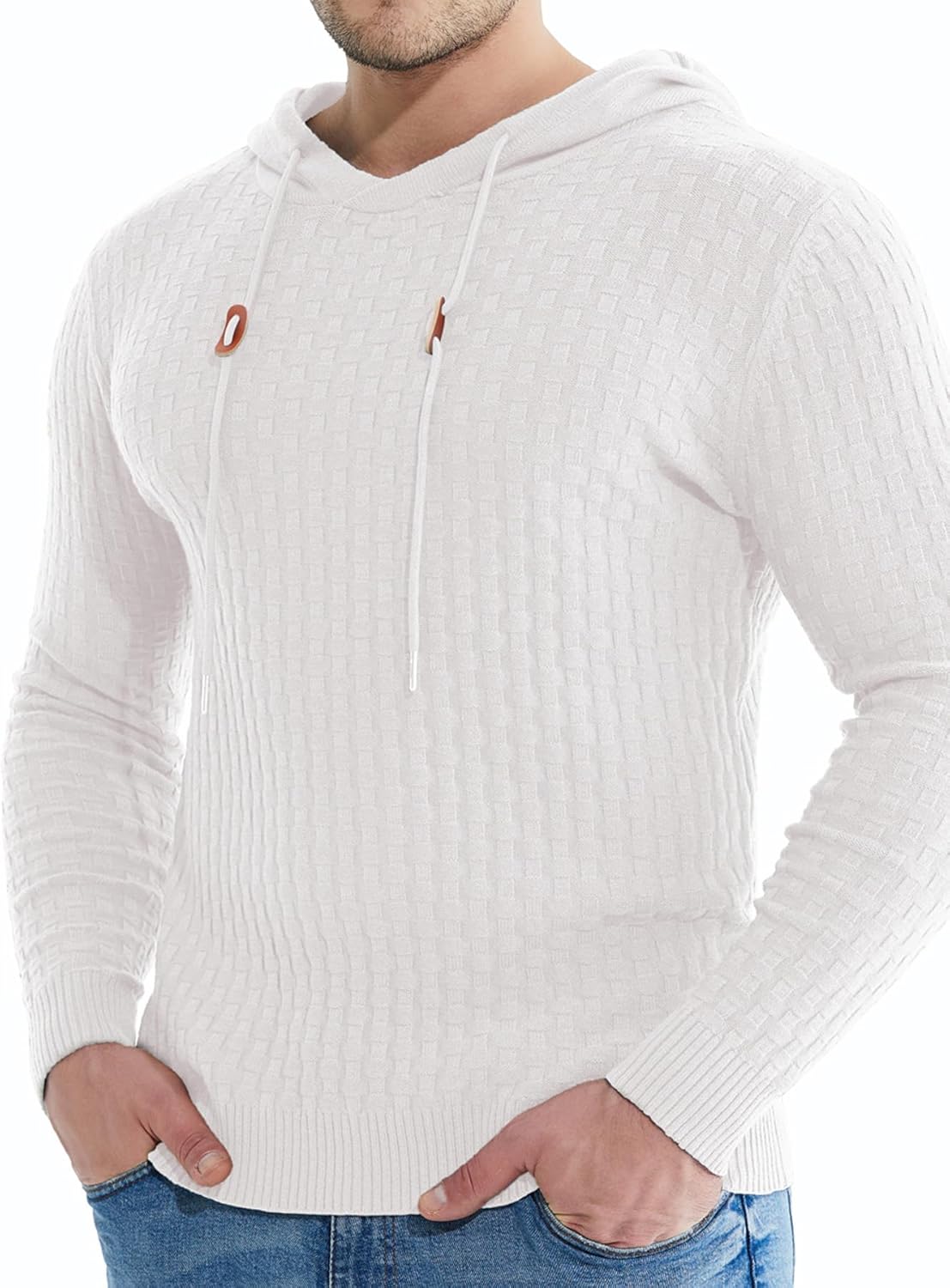 Askdeer Men's Pullover Sweater Long Sleeve Waffle Knitted Sweater Casual Soft Hoodie Pullover Sweaterwith Ribbing Edge White - Image 4