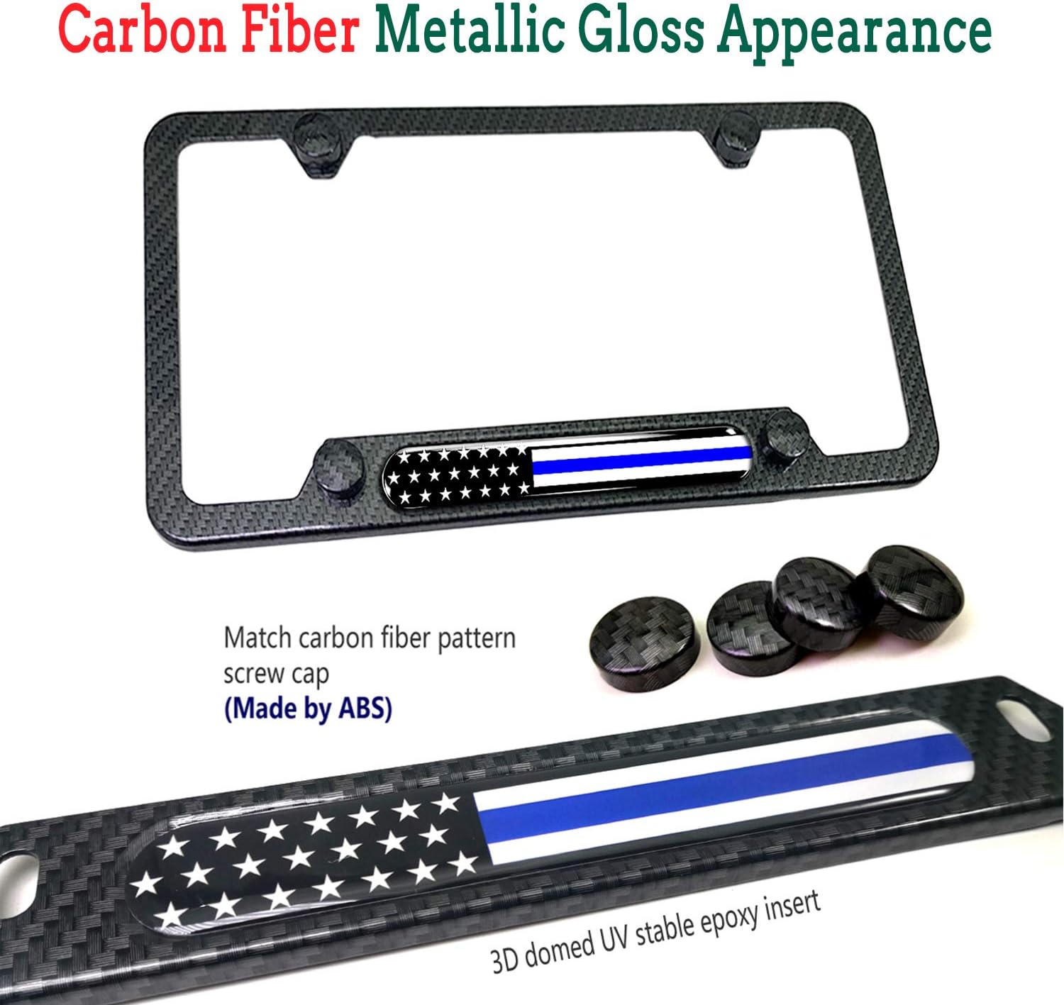 FBJTDQ Police Thin Blue Line License Plate Frame- Patriotic Carbon Fiber Car Tag Holder, American Flag Black Aluminum Bracket with Screw, Cap Covers, Decal, Novelty Gift for Law Enforcement, 1 Pack