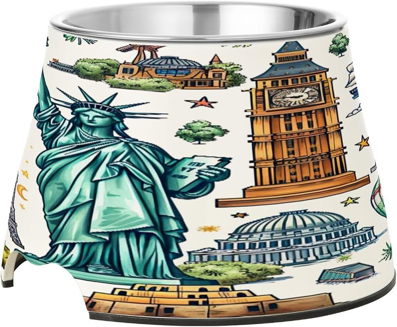 YETTASBIN World Classic Landmarks Elevated Dog Bowls, Prevention of Vertebrae Disease Raised Dog & Cat Bowl Stand with Removable Stainless Steel Bowls, Non-Slip Spill-Proof Pet Food & Water Bowl Dish