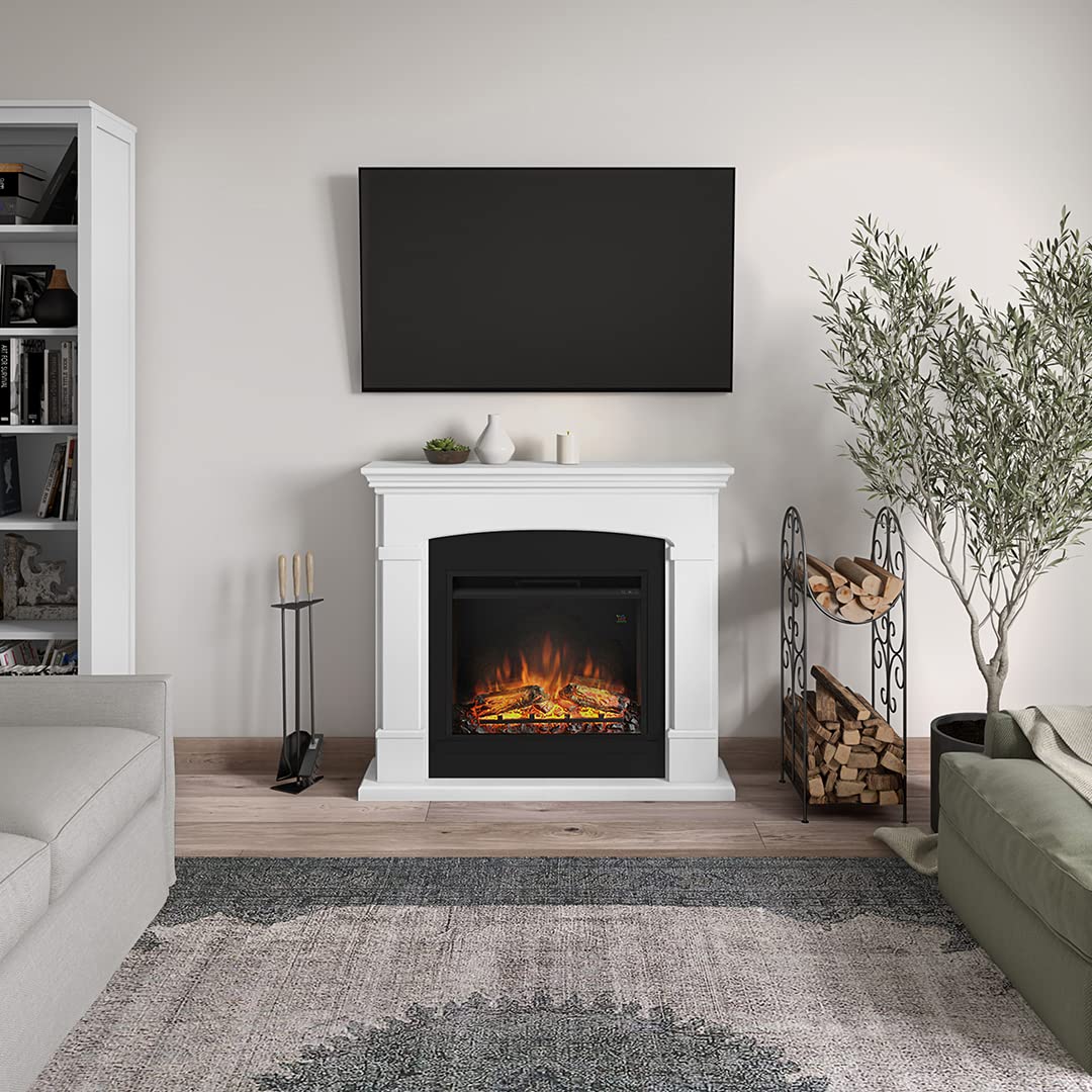 TAGU Helmi Camino elettrico con PowerFlame, riscaldamento e termostato, timer 7 giorni, effetto fiamma LED, telecomando (Bianco puro)