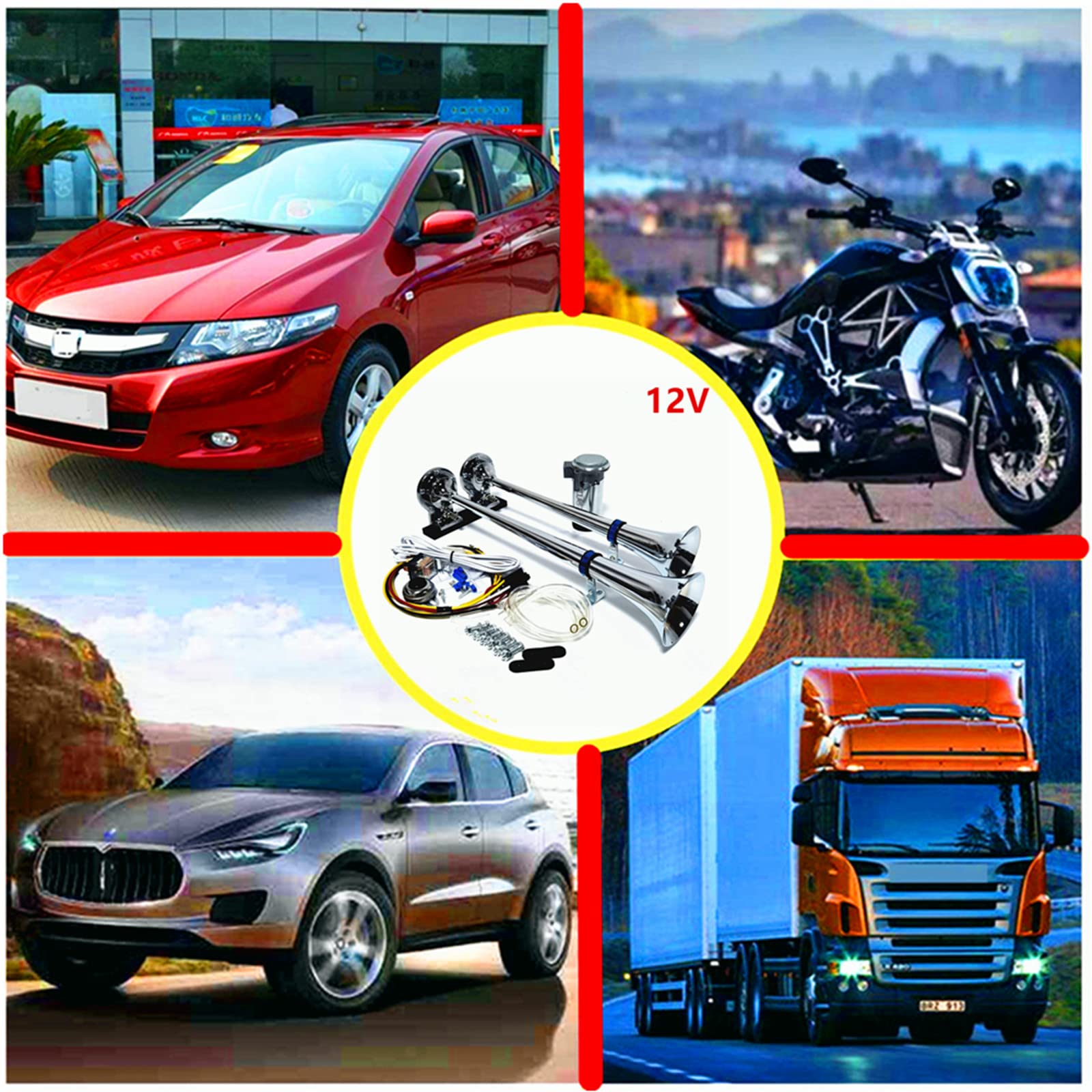 Tromba d'aria 12V Altoparlante argento 165db Staffa a fascia per avvisatore acustico per camion Tromba a doppio tubo in zinco cromato con clacson della pompa dell'aria Horn per 12V auto SUV ecc