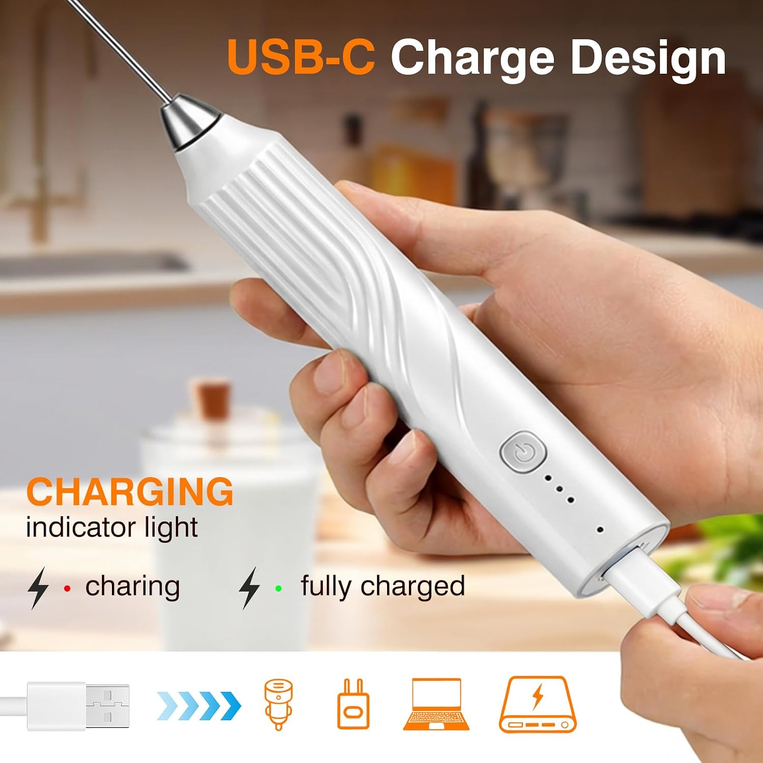 Milk Frother Handheld, Rechargeable Coffee Frother Wand with 3 Speeds, Electric Foam Maker Drink Mixer for Lattes Cappuccino Matcha Eggs, Hand Mixer for Hot/Cold Milk,White image 4