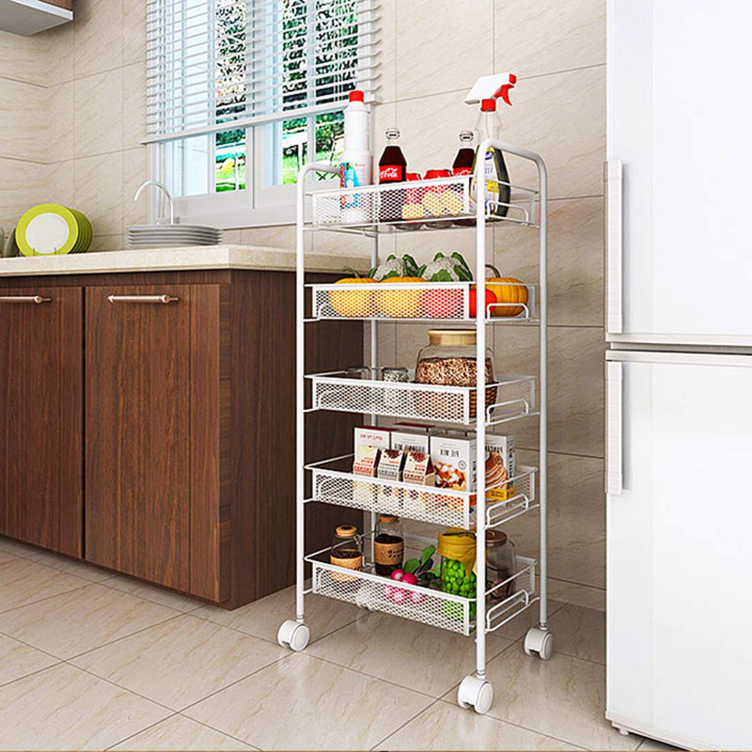 ZYFA Carrello Cucina a 3/4/5 Piani Servizio,con Rotelle Bloccabili, Scaffale Portaoggetti Mobile in Acciaio,Carrello Portaoggetti Multiuso, Carrello Salvaspazio, Scaffale Rete Metallica Contenitori