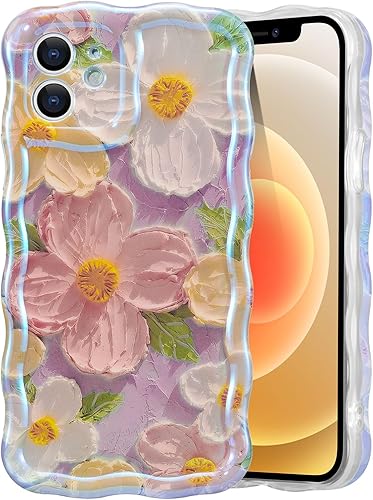 Miniatura 26 de EYZUTAK - Funda protectora de TPU para iPhone 12 Pro, estilo retro colorido, diseño láser brillante de pintura al óleo, estampado floral, borde Azul