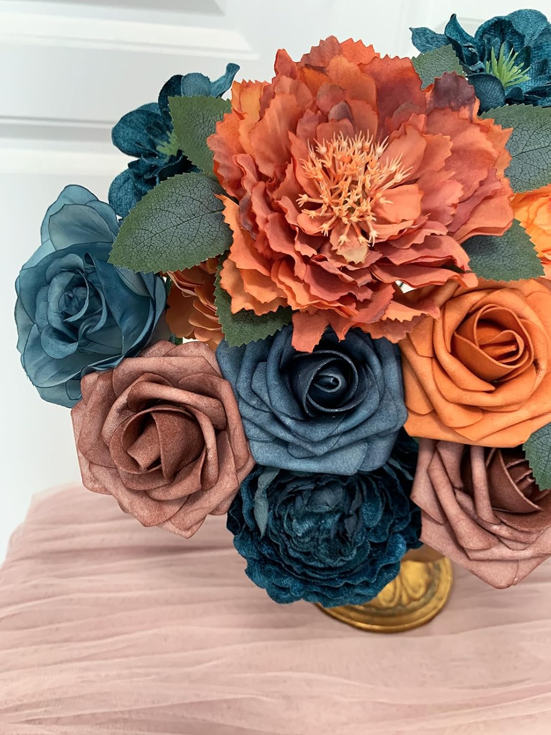 Roses Artificial Flowers Bouquet Box Set Fake Flower for DIY Bridal Wedding Shower Decorations Centerpieces for Table Faux Silk Floral Arrangement for Party Home Decor Indoor Teal Orange - Image 8