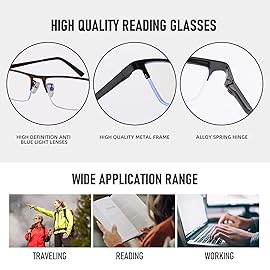 Anourney 3-Pack Reading Glasses for Men, Lightweight Metal Half Frame Blue Light Blocking Computer Readers, Stylish Filter UV Ray/Computer Glare with Spring Hinge Eyeglasses(2PCS Gray+1PCS Black,+2.5)