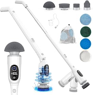 FANBDEDGE Electric Spin Scrubber: 200Min Runtime, 3 Speeds, LCD Display, 53" Extendable Handle, IPX7 Waterproof, 8 Heads for Bathroom, Kitchen, Grout