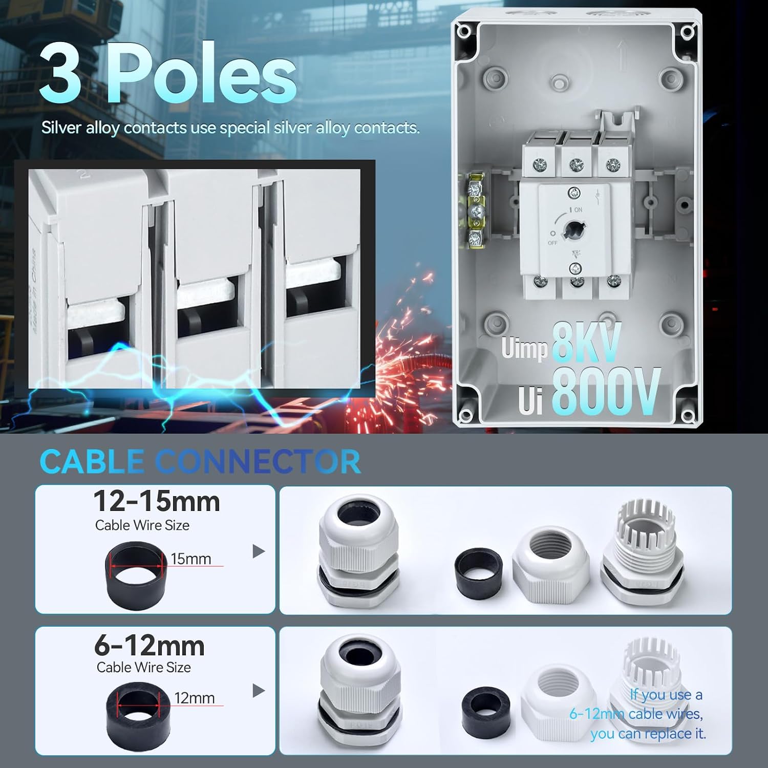 UL-Listed 63Amp AC Disconnect Switch 3-Pole 800V AC; PV Isolation On Off; IP66 Waterproof 3 Phase Disconnect Box Outdoor Breaker 3-Ways