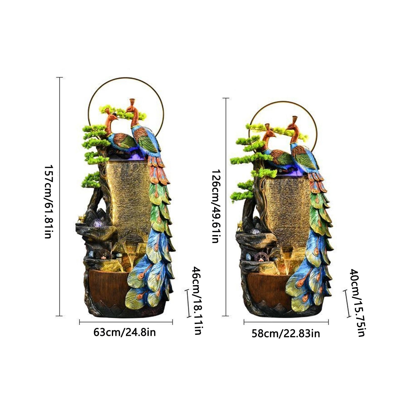 Indoor Floor Fountain Peacock Entrance Ornament, Large Fountain for Living Room, Resin Indoor Fountain with LED Lights, Suitable for Living Room, Entrance, Balcony, Courtyard Water Fountain(58*40*126c