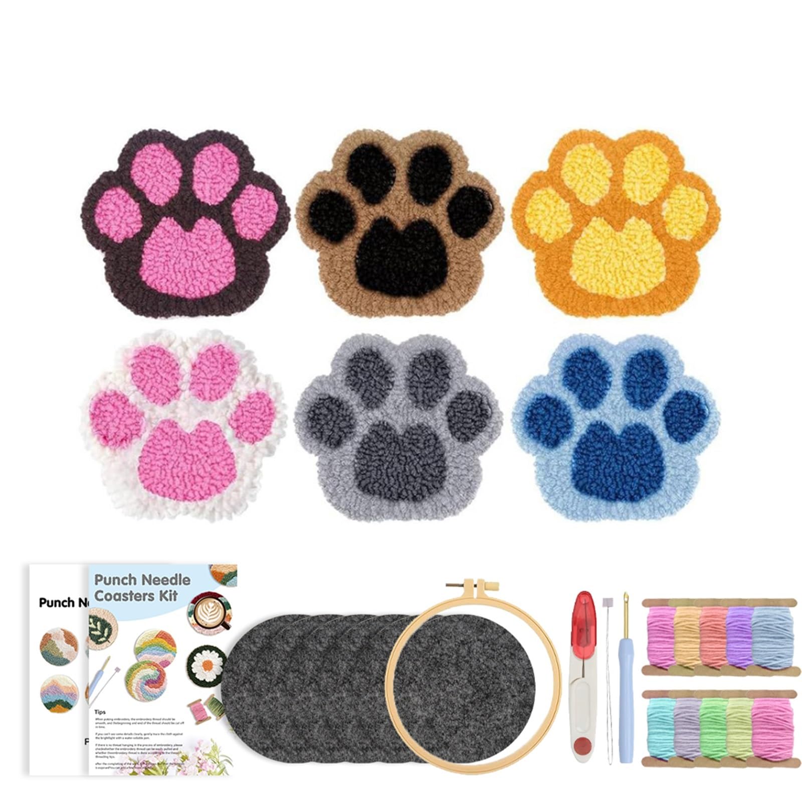 1set Punch Needle Animal Coaster Kit For Beginners DIY Tufted Rug Pads With Adhesive Felt Yarns Embroidery for DIY(Color4)