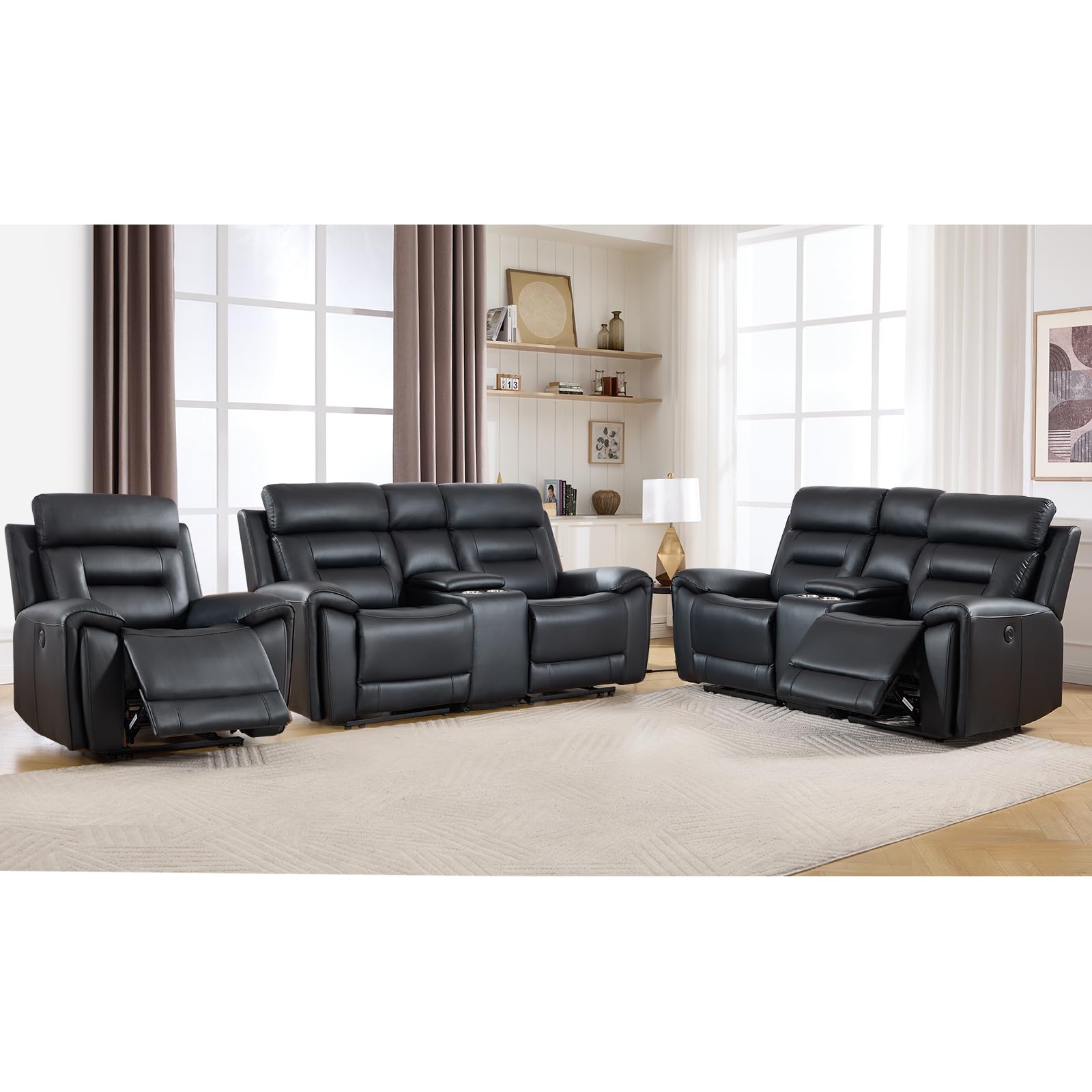 ANJ 3-Piece Faux Leather Power Recliner Sofa Set with USB&amp;Type-C Charging Ports, Include Single Recliner Chair, 2-Seater Loveseat Set of 2 with Hidden Storage &amp; Cup Holders, Black