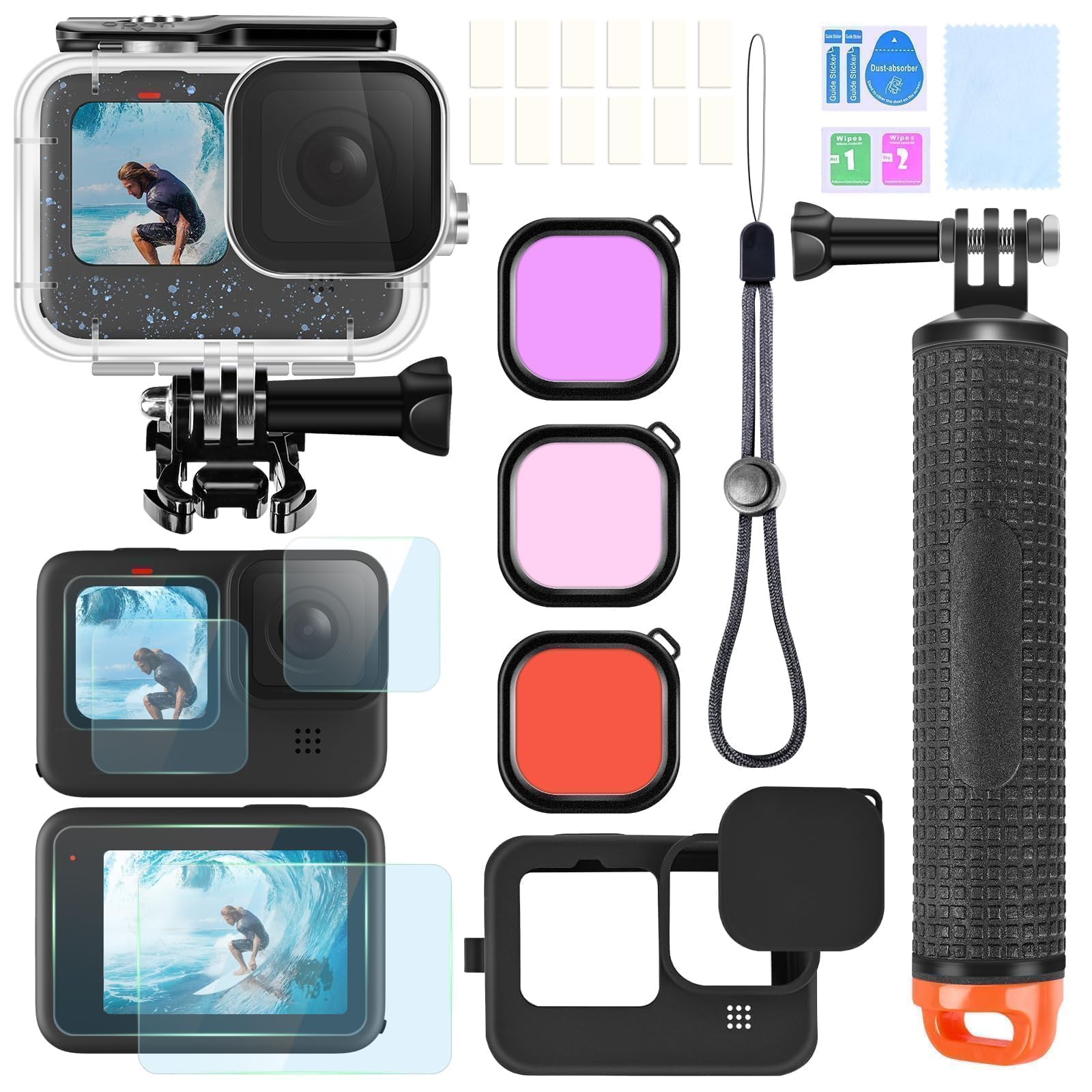 Kit d'accessoires pour Gopro Hero 12 11 10 9 Boîtier étanche Poignée Flottante en Silicone Capuchon d'objectif Verre trempé Protecteurs d'écran Filtres de plongée Inserts Anti-buée Complet