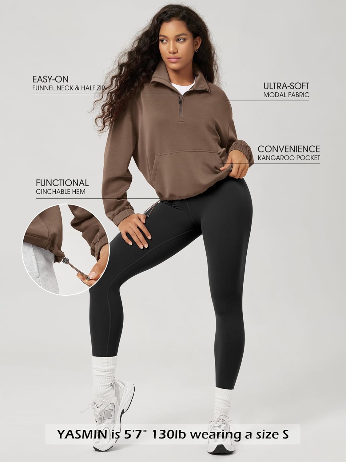 ODODOS Women's Modal Soft Cinchable Sweatshirts Half Zipper Funnel Neck Oversize Pullover with Pockets - Image 4