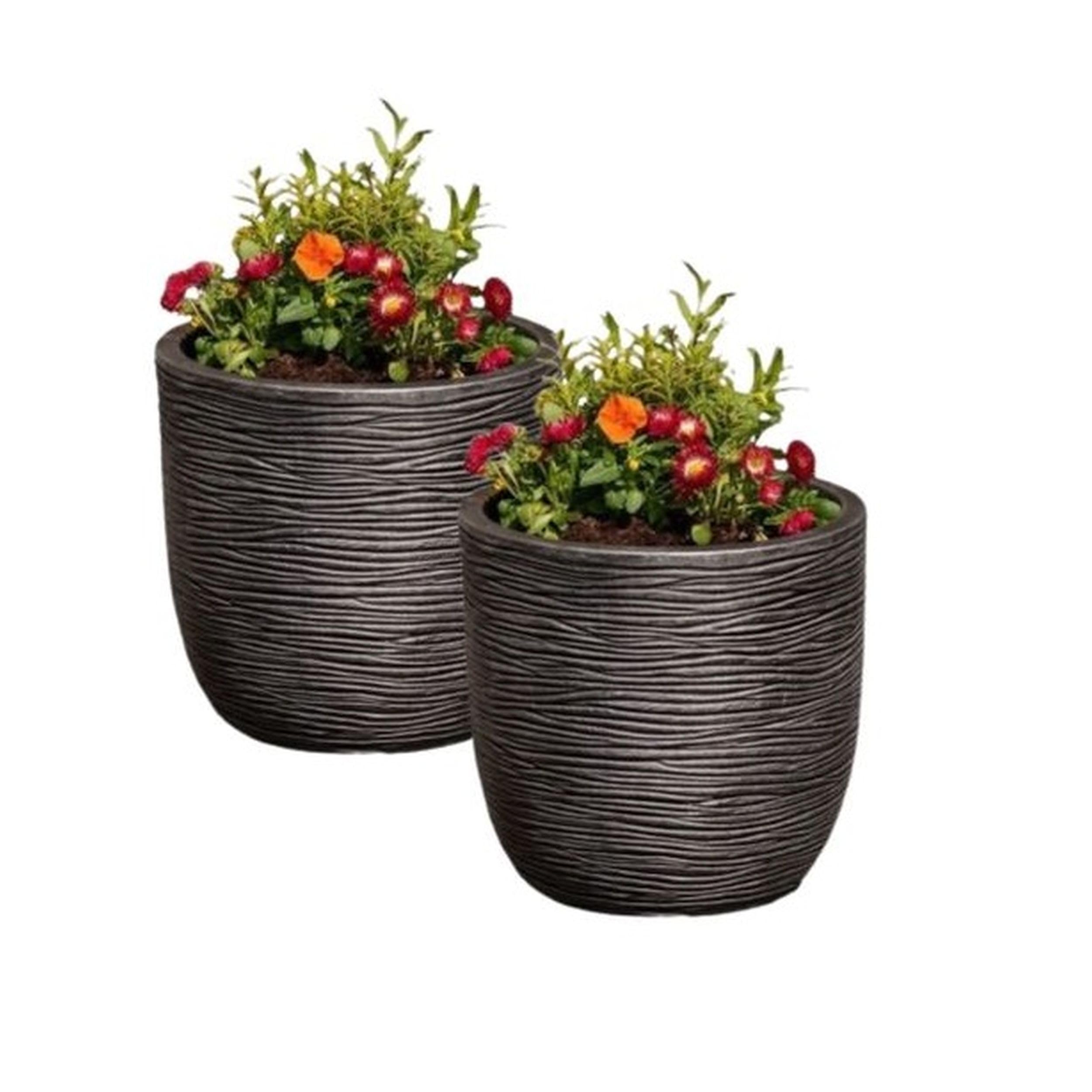 2 Small Grey Round Planters Amalfi Stone Effect Decorative Plant Pot 35cm x 34cm