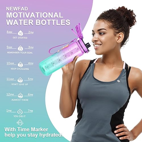 Miniatura 7 de Botella de agua de 32 onzas con popote desmontable, botellas de agua motivacionales transparentes con tiempo para beber, jarra de agua deportiva sin