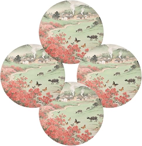 Miniatura 2 de Chinese Style Green Field Red Flower Round Outdoor placemats Dinner Reusable placemat manteles redondos para mesa 15.4x15.4in Set of 6
