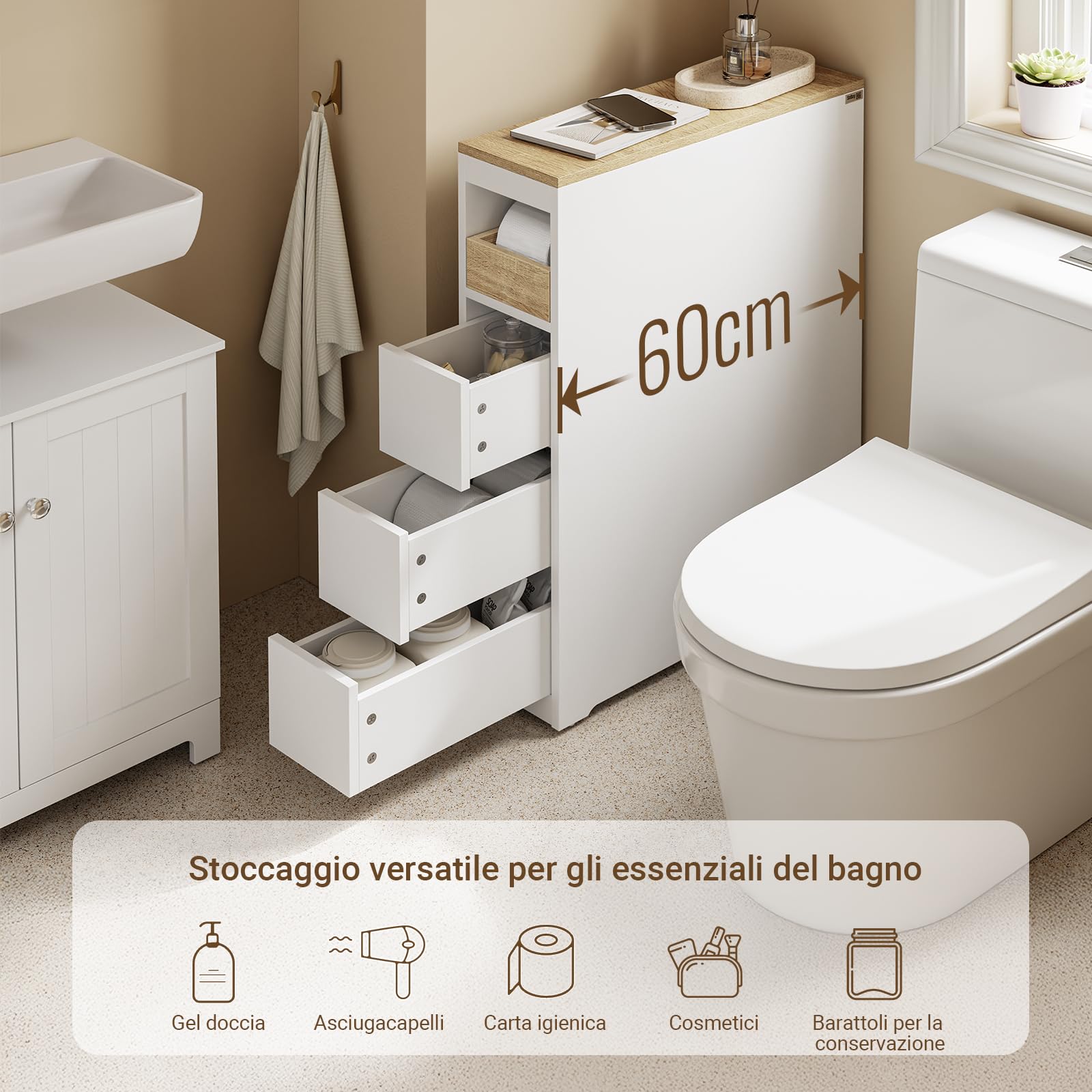 SoBuy Mobiletto Bagno Salvaspazio Stretto 20cm con Ruote 60x20x82.3cm | Mobile con 3 Cassetti In Legno Compatto per Bagni Piccoli, WC E Cucina, Bianco, BZR54-K-W