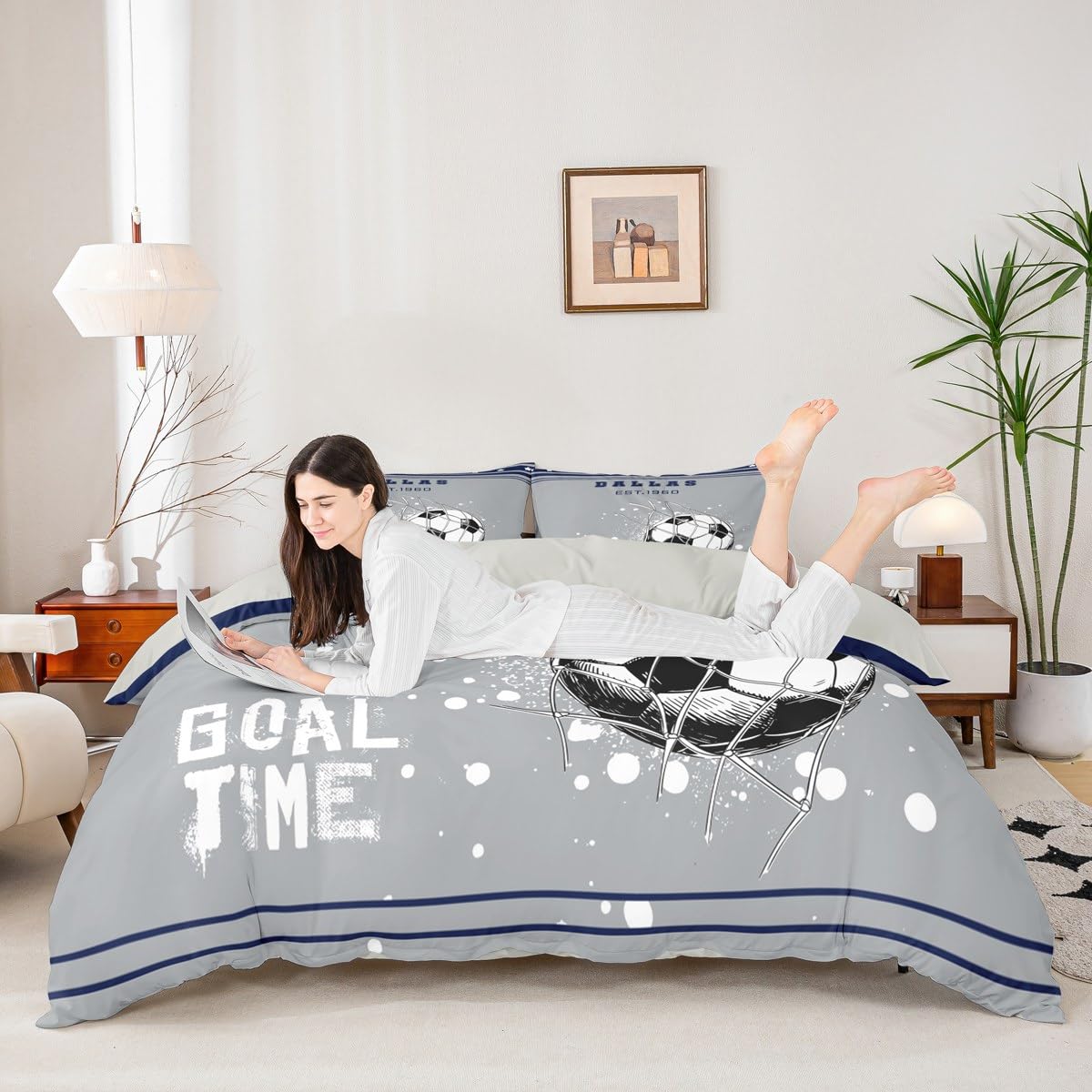 Homewish Soccer Goal King Size zestaw pościeli, futbol amerykański poszewka na kołdrę dla dzieci chłopców nastolatków sypialnia, gwiazdy w paski tele szara granatowa poszewka na kołdrę sportowa piłka
