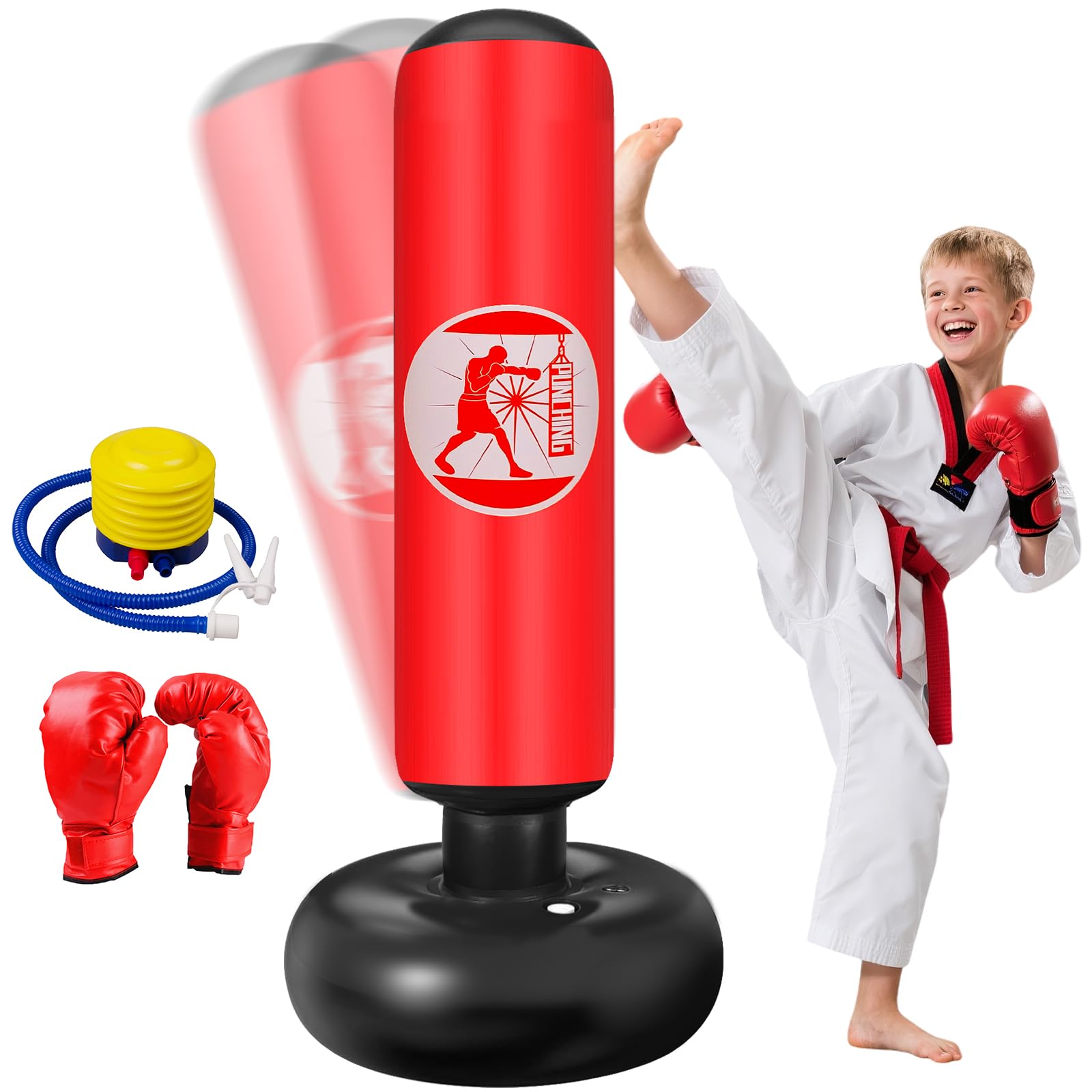 Ninonly Saco de Boxeo Niños, 160cm Saco de Boxeo Hinchable con Guantes y Bomba, Punching Ball 3 a 12 Años Regalos para Niños y Niñas, Bolsa de Box para Practicar MMA Karate Taekwondo