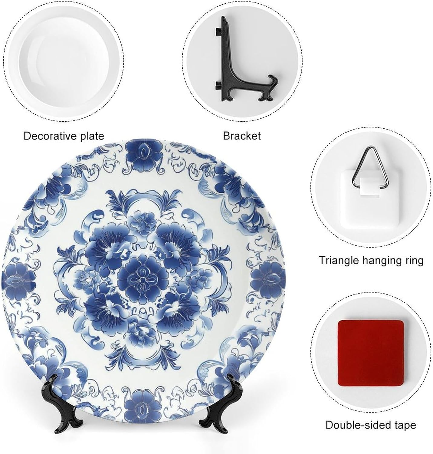 Blue Ceramic Decorative Plate, Blue and White Pottery Decorative Dish with Stand, Chinese Style Bone China Decorative Plates Art Porcelain Plate for Living Room Hallway Table Decor image 3
