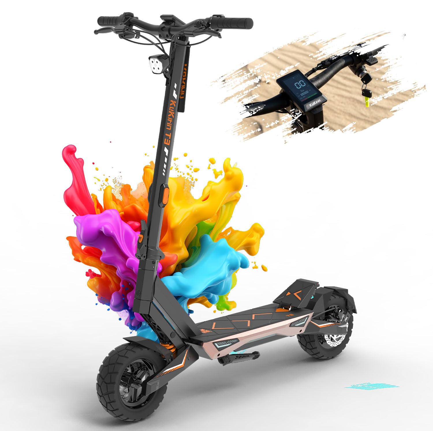 KuKirin T3 Monopattino Elettrico Adulto, Motore Potente e Batteria 48V 15.6Ah Fino 58Km Autonomia, Monopattini Elettrici Fuoristrada con Doppia Sospensione, Illuminazione RGB & Capacità Carico 120Kg